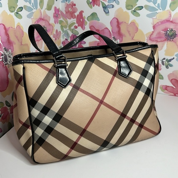 💯Authentic  BURBERRY HAYMARKET CHECK TOTE BAG LEATHER  HANDBAGS WOMEN🍀 - Picture 9 of 17